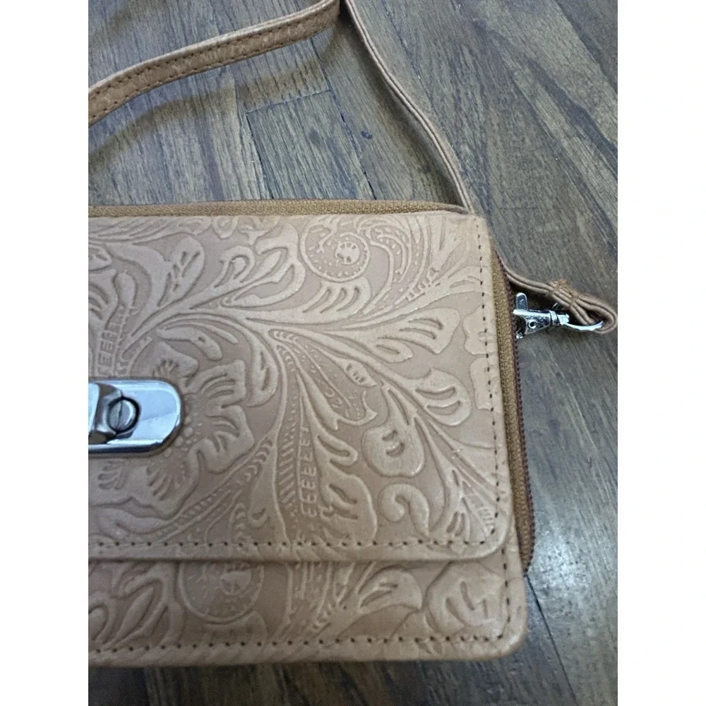 Bueno of California Embossed Floral Wallet on a String Crossbody Bag Tan